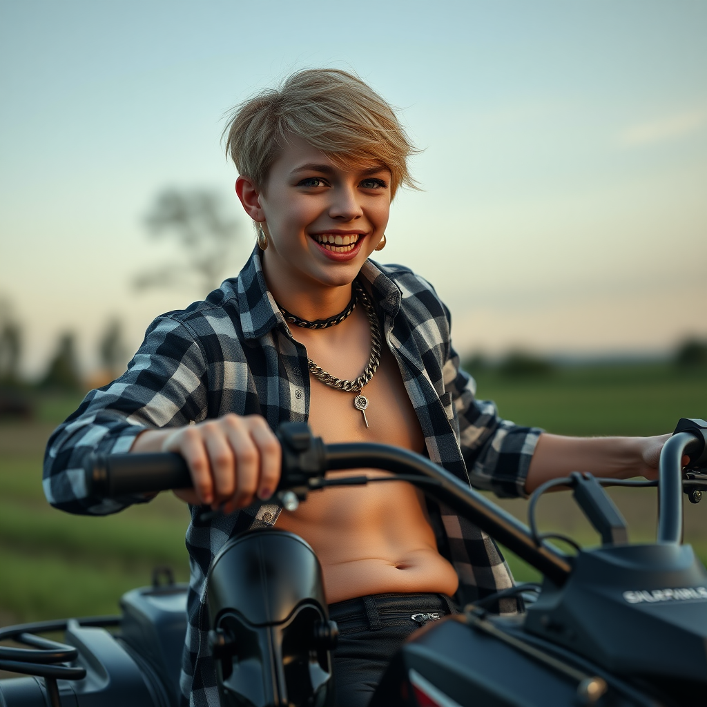 photorealistic, ultra high resolution, 16K, surreal fantasy, soft studio lighting, Tyler Swift is a pretty 14 year old goth male, slim male physique, blonde hair, blue eyes, vampire long canine teeth, goth makeup, earrings, shiny black pantyhose, stiletto knee high boots, checked shirt, spikey neck collar chain, riding a quadbike on a farm during daytime, excited open mouth smile, bulging crotch, facing the camera.