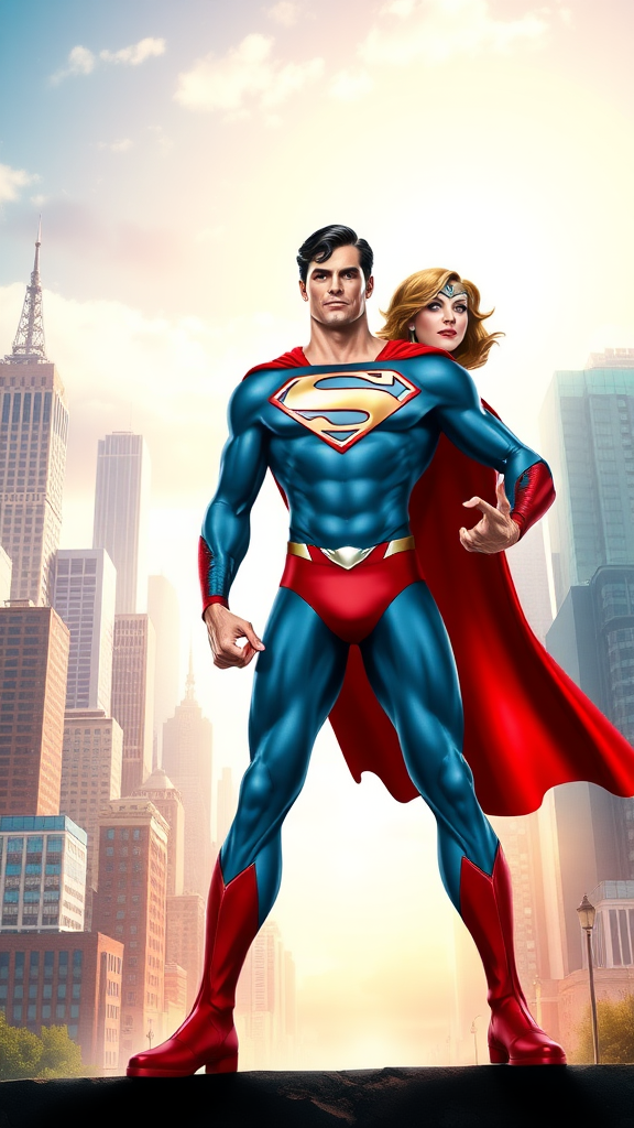 Generate a full-length render of Superman using the body of Elastigirl. Keep Superman's head, hairstyle, and facial features. Retain his iconic costume while adding embellishments to fit her form and proportions. Design the background by blending elements from Superman's Metropolis and Elastigirl's vibrant world, creating a dynamic and colorful scene that highlights both characters' strengths and personalities. The image should reflect a powerful yet flexible interpretation of the hero, showcasing an imaginative fusion of styles and environments.