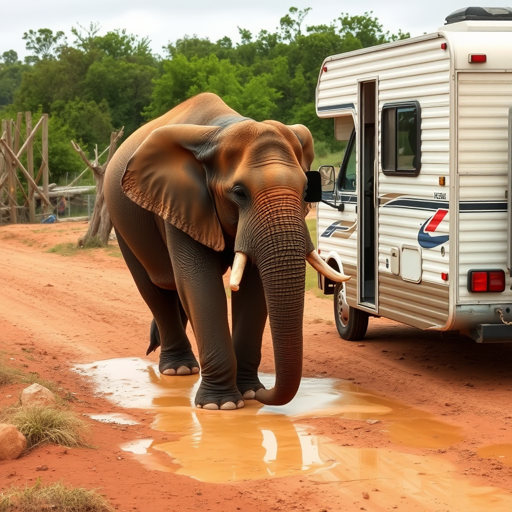 An elephant urinating near a motor home. The ground is full of urine.