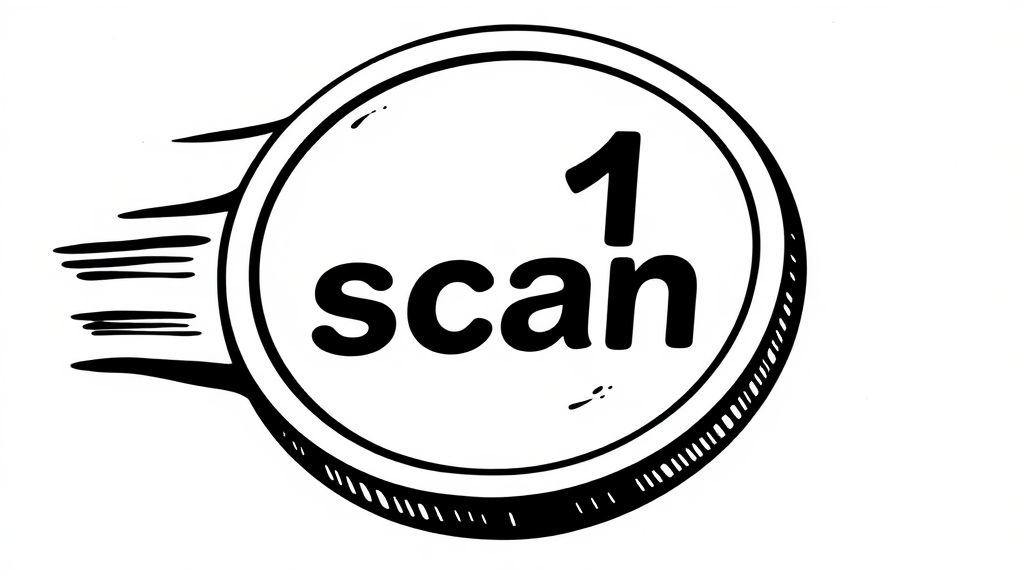 A token moving fast to the right with the engraving "1 scan"  
In the style of a comic icon in black ink only on a white background