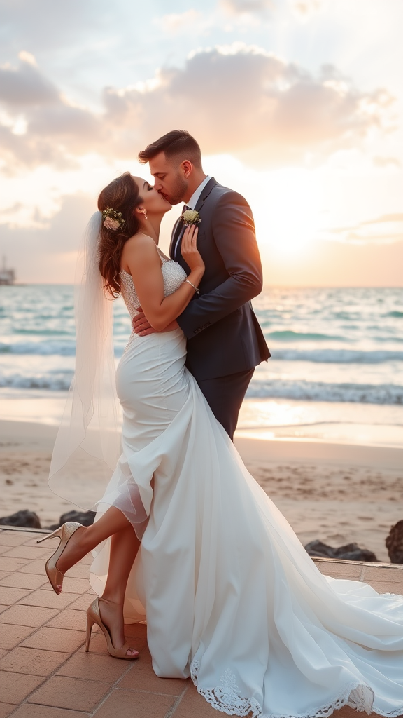 In the background, the bride and groom dressed elegantly, she in high-heeled shoes and he in patent leather shoes, he passionately kisses the bride, with the sea and a beautiful beach in the background, sky at sunset with rays of the sun and clouds.