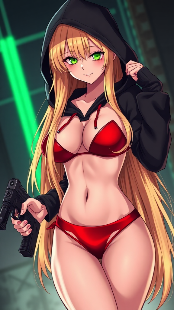 Anime, a sexy seductive and wicked long-blond hair, green-eyes with makeup eyelashes, wearing a black-dark swagger hoodie under a red-bikini and red-gstring thong, wicked smile, holding glock