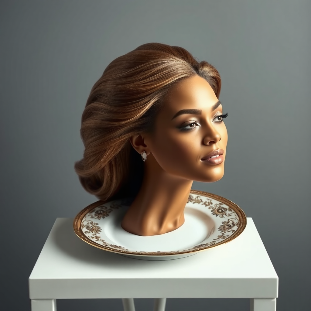 In a surreal and striking scene, the elegantly styled disembodied head of a stunningly beautiful Beyoncé rests gracefully on an ornate, luxurious plate, which is carefully placed on a simple, understated table. Her very long, flowing hair cascades like a rich waterfall of silky, rich brown locks, framing her exquisite face and accentuating her radiant, flawlessly glowing skin. The delicate contours of her chin rest lightly against the polished surface of the plate, lending an unexpected intimacy to the bizarre presentation. 

The background is a muted, plain gray, casting an air of modern minimalism that contrasts dramatically with the lavishness of her appearance. Soft shadows play across her features, highlighting the subtle high cheekbones and perfectly shaped lips, which seem poised for a soft smile. The atmosphere feels both elegant and eerie, inviting intrigue and contemplation as viewers are drawn into this surreal artistic tableau, where beauty and the absurd collide in unexpected harmony.