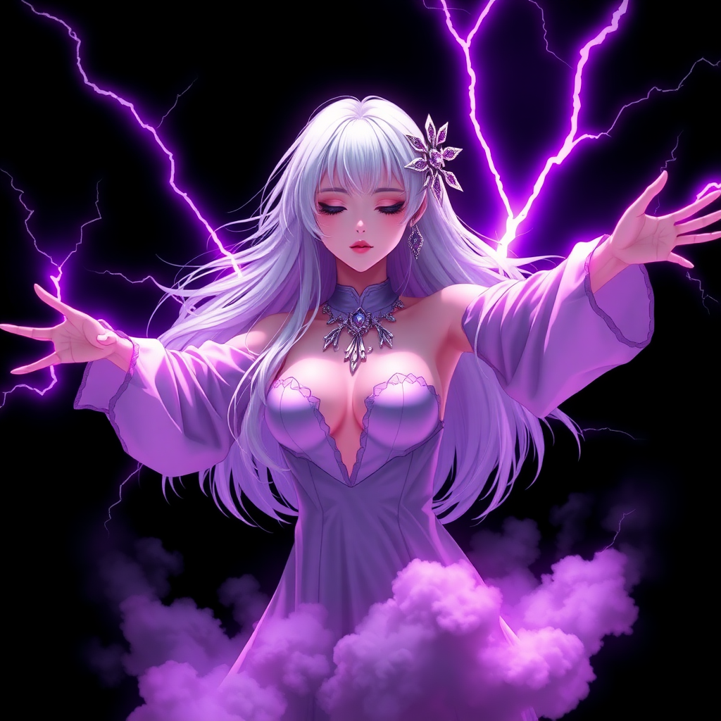 XUER large lightning Mantra, 1 girl, solo, long hair, breasts, long sleeves, cleavage, jewelry, medium breasts, closed eyes, white hair, cloud, makeup, glowing, outstretched arms, electricity, magic, purple theme, magenta lightning, Black background, bare shoulders, realistic, highly detailed, ultra-high resolution, 32K UHD, sharp focus, best-quality, masterpiece, masterful details, temperate atmosphere, with a high-end texture, concept art, <lora:绪儿 五雷决 XUER large lightning Mantra:0.8>, midair, eyeshadow, eyeliner, makeup.