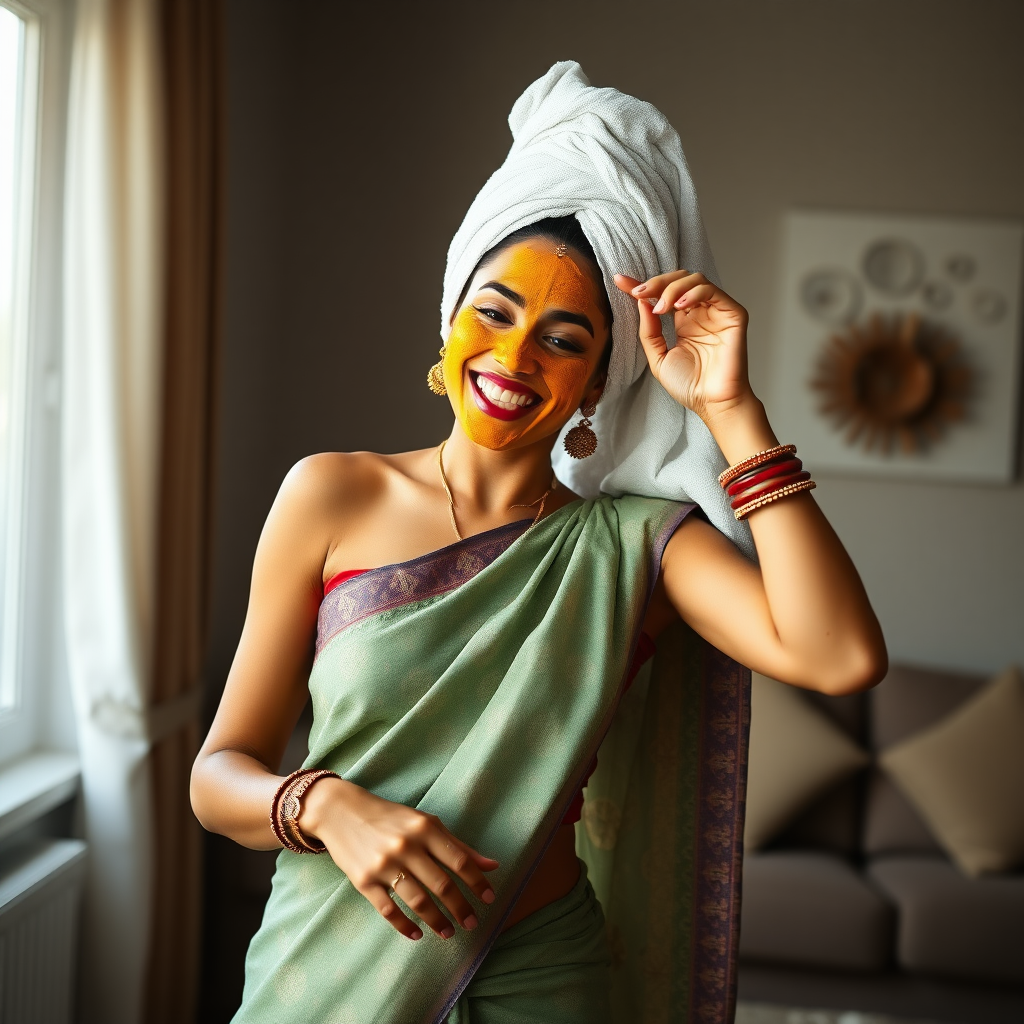 slim, 30 year old, indian Bride, towel head, turmeric face mask. She is happy and dancing in living room.