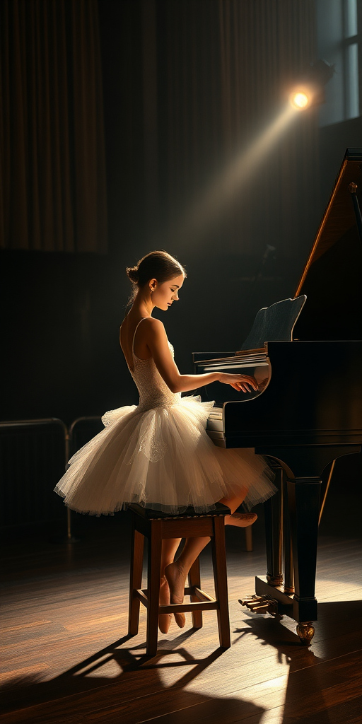 In the dim-lit auditorium of a historic ballet company theater, the air is thick with a sense of nostalgia, the kind that whispers stories of artistry and talent. A ballerina, poised elegantly on a weathered wooden stool, plays a grand piano with a mastery that transforms each note into a haunting melody. Clad in a delicate, ivory vintage tutu adorned with intricate lace and shimmering sequins that catch the soft light, her hands glide over the polished ebony keys, creating a symphony that echoes through the room.

The stage is bathed in a magical, ethereal glow, casting warm, golden highlights that accentuate the ornate details of her costume and the glossy sheen of the piano’s surface. Shadows dance gracefully along the walls, mingling with the muted colors of the velvet curtains that frame the stage. The scent of aged wood mingles with a faint hint of blooming jasmine wafting in from an open window, enhancing the dreamlike quality of the moment.

As she plays, a hushed silence envelops the audience, each note evoking memories and emotions that hang in the air like an invisible tapestry. The ballerina’s expression is serene yet deeply introspective, revealing a connection to the music that transcends the physical realm. Her fingers move with a fluid grace, reminiscent of the graceful pirouettes she performs when dancing, as if her entire being is infused with the rhythm of the piece.

In this intimate setting, the atmosphere pulses with a bittersweet beauty, where the past and present intertwine, inviting all who are present to lose themselves in the enchanting world of dance and melody that unfolds before them.