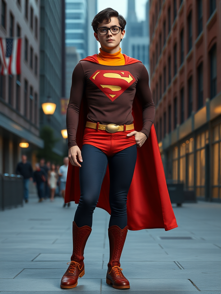 Create a full-length image of Superman with the body type and costume elements of Velma Dinkley. Blend the iconic Superman suit with Velma's accessories, like glasses and an orange turtleneck. Set the background in an environment that appropriately merges elements from both Superman's Metropolis and Velma's Mystery Inc. settings.