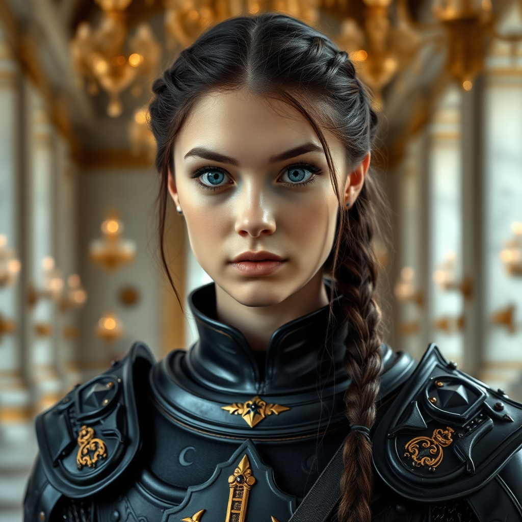 exact 7 meter distance Wide shot, make sure in full length and 32k, super detailed master piece focused on face of a young English queen in a knight's outfit from exact 7 meter distance while whole body is visible without any cuts, with big blue eyes and beautiful face with braided dark hair, looking straight to camera at center of the composition. She is happy and cheerful, with a surprised and lively look, she attracts everyone's attention and to be dazzled by its calmness and irresistibleness. There is a magical quality to his eyes, a determined stance standing at the center of the composition, while his magnificent full-length, all-black armor with high collars and blackened plate is perfectly polished, adorned with golden slime motifs with inlays and lustrous decorative stones, along with heeled boots from Shakil, polished like obsidian. At the heart of a grand hall, with white marble columns where golden chandeliers drip with sparkling crystals, a stunning figure commands attention, great at both photos and artistic style, incredible contrast and shading, hyper realistic, cinematic, depth of field, great at both photos and artistic style, HDR+, incredible contrast and shading, hyper realistic, cinematic ((( Master Piece))) (( Golden Rule ))