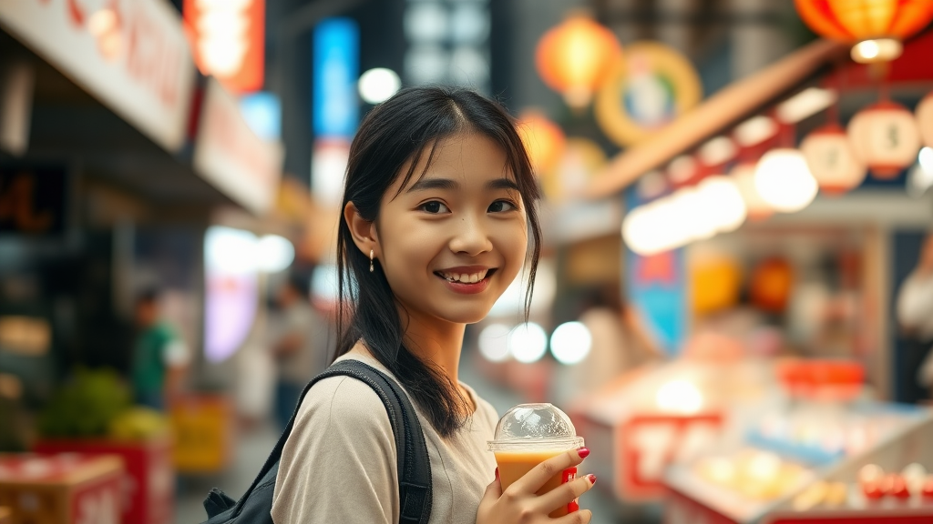 A background city street, brightly lit, blurred, a Taiwanese girl visiting a night market, the girl facing forward, wearing a sweet smile, holding bubble tea in her hand.