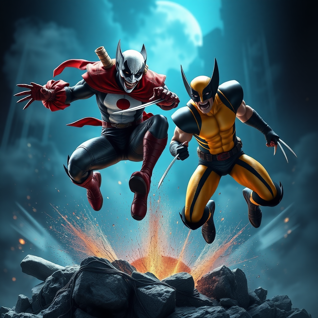 Jumping out of a Comic book cover is Spawn and Wolverine in Cinematic Real3D photo-realistic quality.