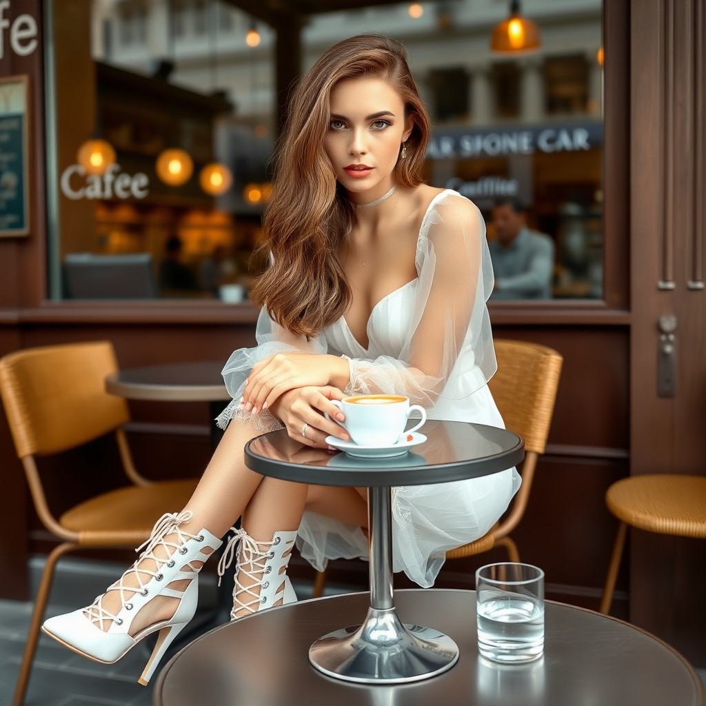 A young woman with brunette hair, pale blue eyes, wearing a translucent white dress and white lace-up high heels. She is sitting in front of a café at a table with a cup of steaming coffee and a small glass of water on the table. Photo.