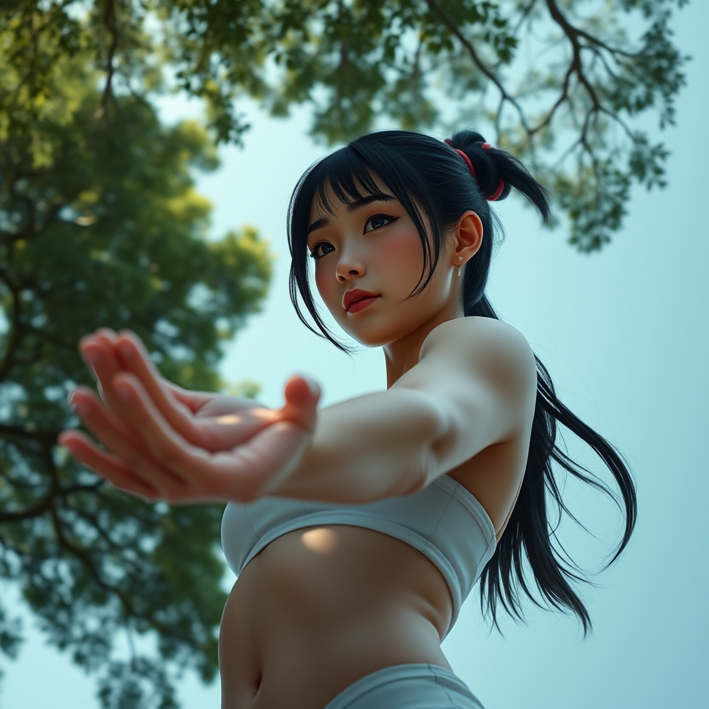 Photorealistic full body low angle shot athletic Xiaomeimei holds her arm outstretched, looking at something resting on her palm. Above her are the tops of trees. Negative: bad anatomy.