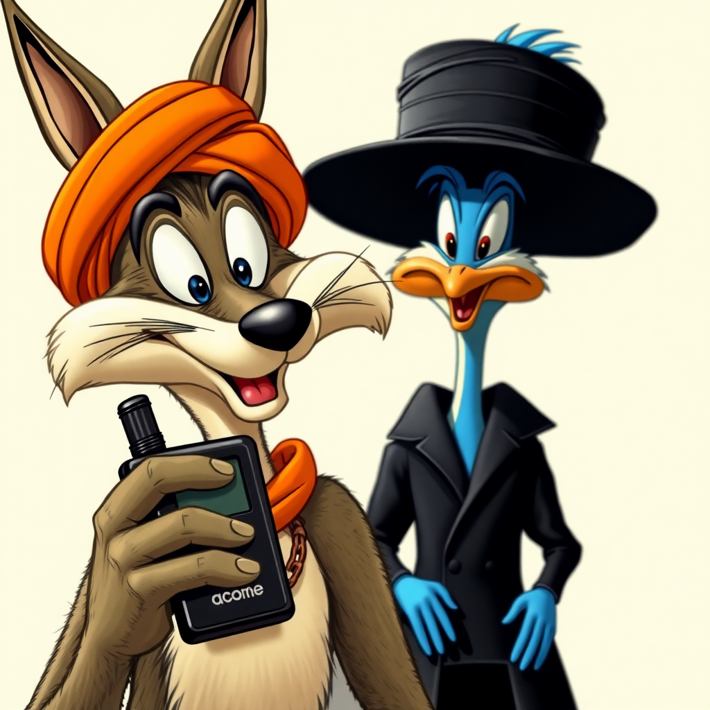 Wile E Coyote, wearing a turban, holding a black 1980's beeper that is branded Acme. Roadrunner in the background dressed in black like a hassidic jew.