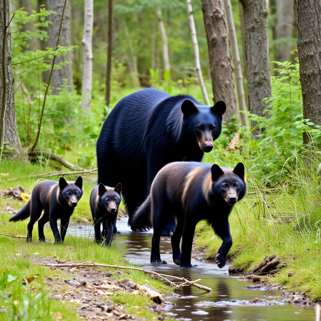 Two smaller dark-furred wolves and a large black bear walking through the woods along a small creek.