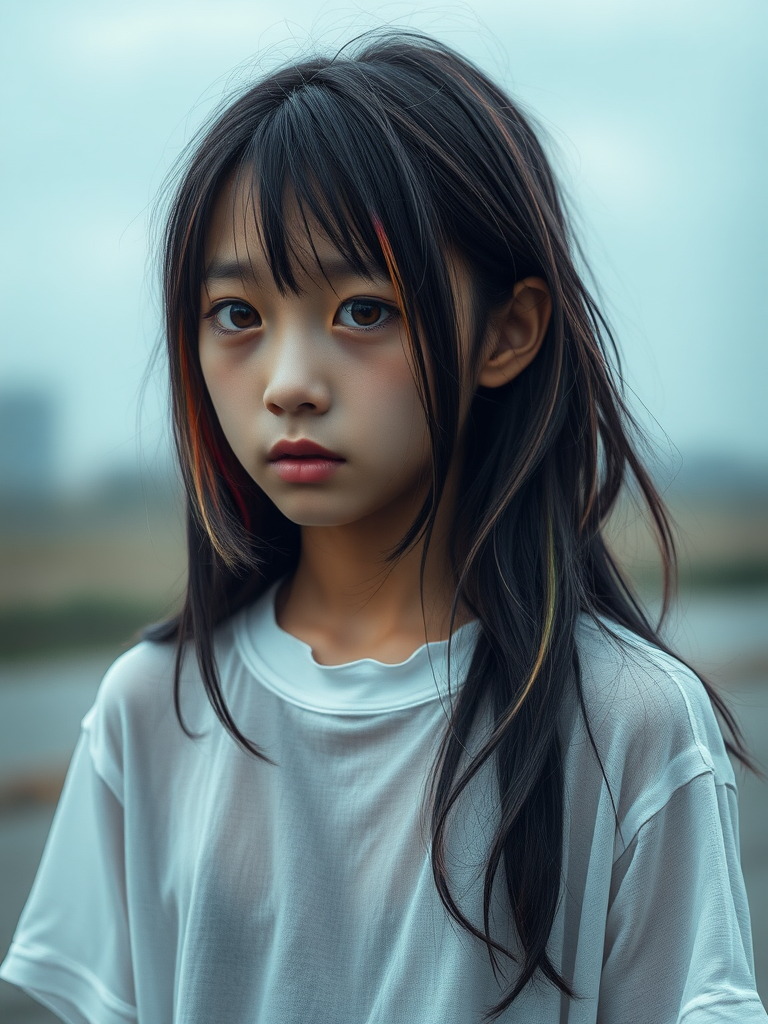 A beautiful homeless mysterious surreal Asian young girl in a very old, transparent white T-shirt, see-through, with black and rainbow-colored hair and red eyes, she is looking sad without hope in her eyes, crying one teardrop, heartbreaking.