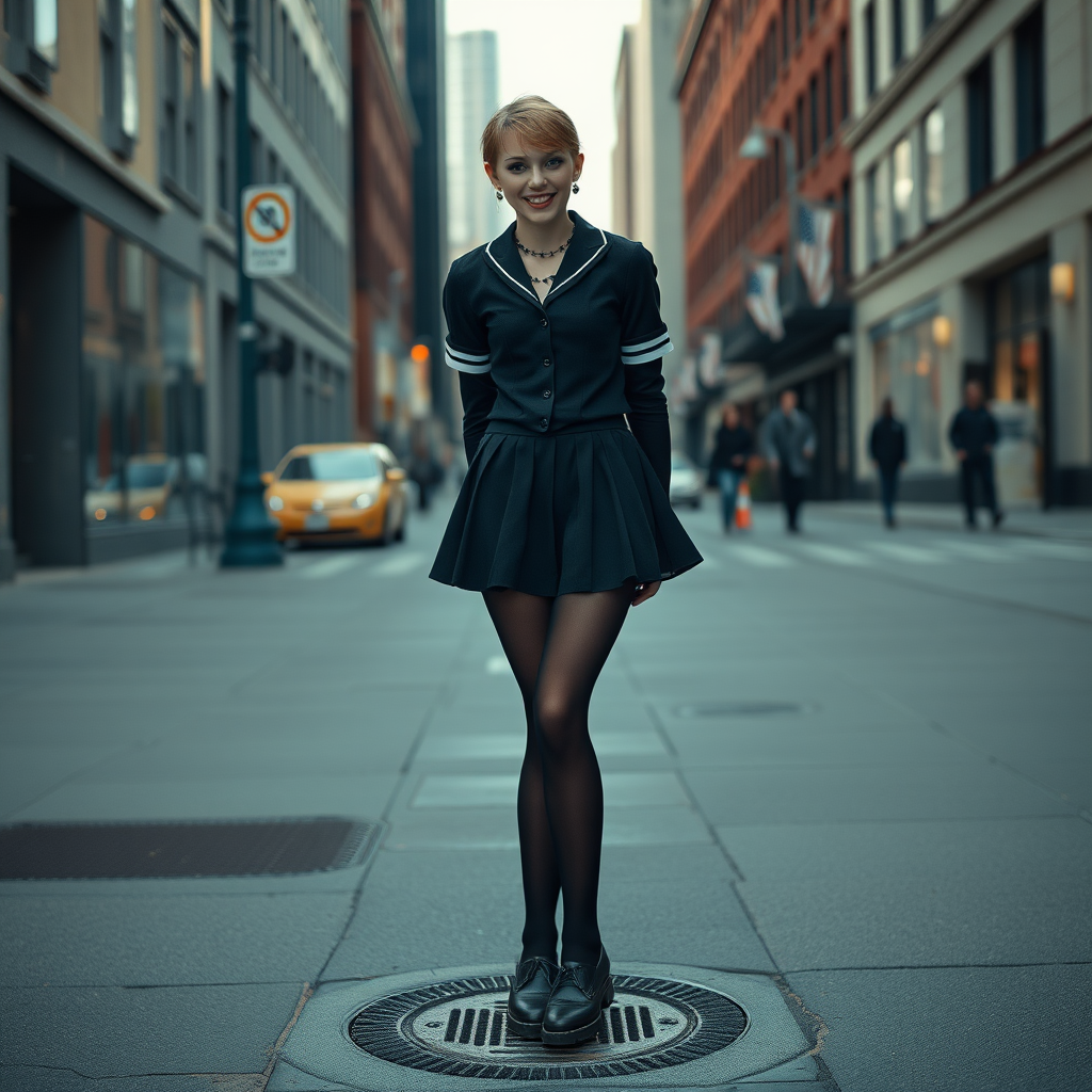 photorealistic, ultra high resolution, 16K, surreal fantasy, soft studio lighting, Tyler Swift is a pretty 18 year old goth male, slim male physique, auburn hair, goth makeup, earrings, shiny black pantyhose, UK girls-school uniform, Mary-Jane shoes, spikey neck collar, standing over a ventilation grate in the footpath in New York City, the air has blown his dress up above waist level to expose his pantyhosed bottom, in daylight, excited smile, facing the camera.