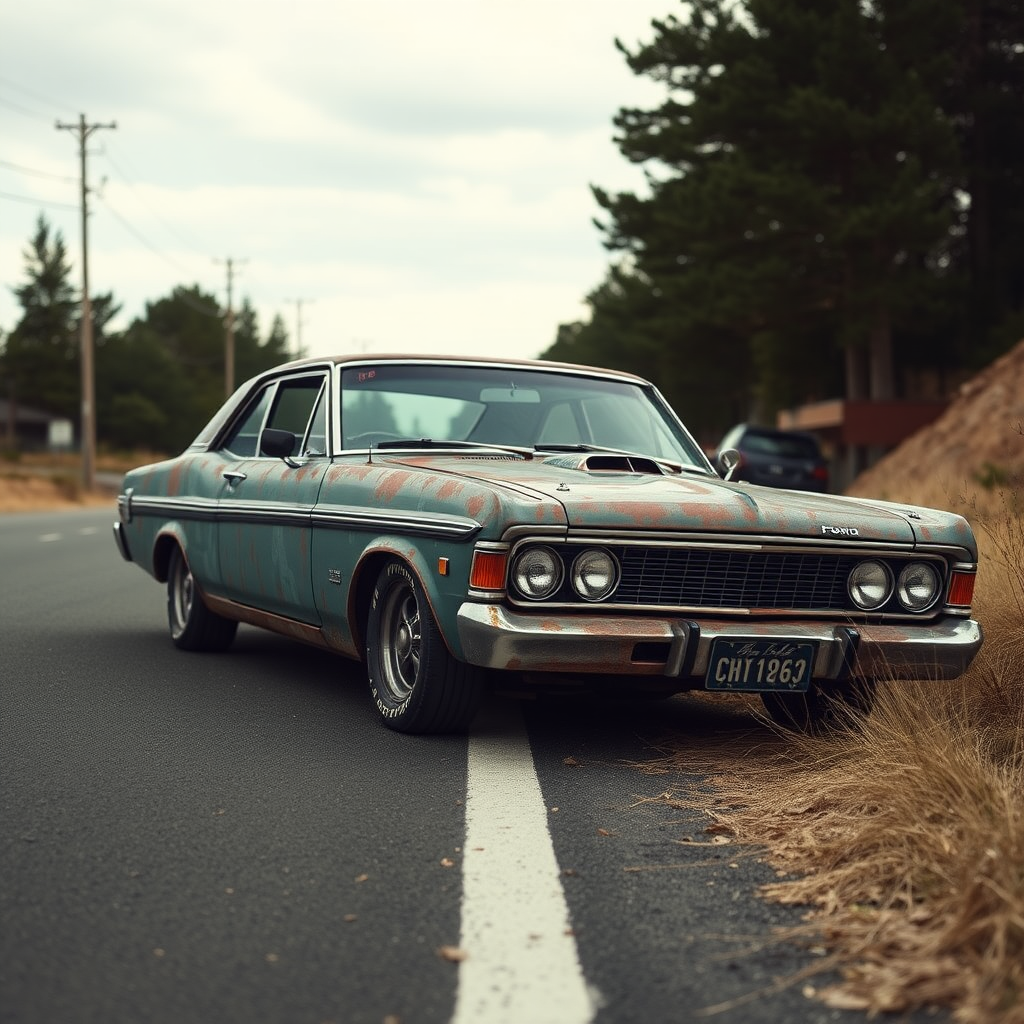 ford falcon mad max apokiptik rusty the car is parked on the side of the road, inspired by Taiyō Matsumoto, tumblr, restomod, nd4, c4