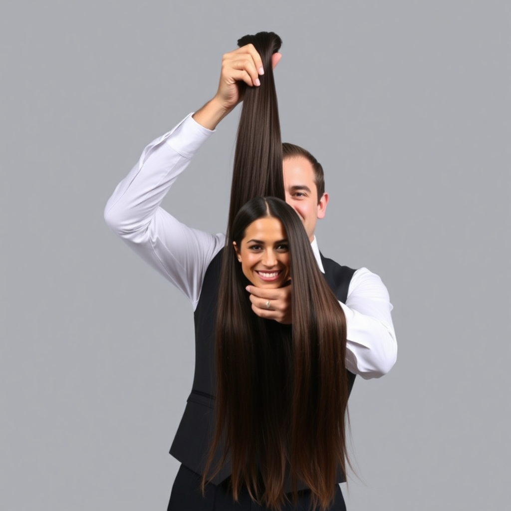 A surreal image of a smiling male magician holding up the disembodied head of a very long haired Meghan Markle. He is grabbing her very long hair and pulling it up high in the air, while her head is hanging by her hair from his grasp to display it to the camera. Plain gray background.