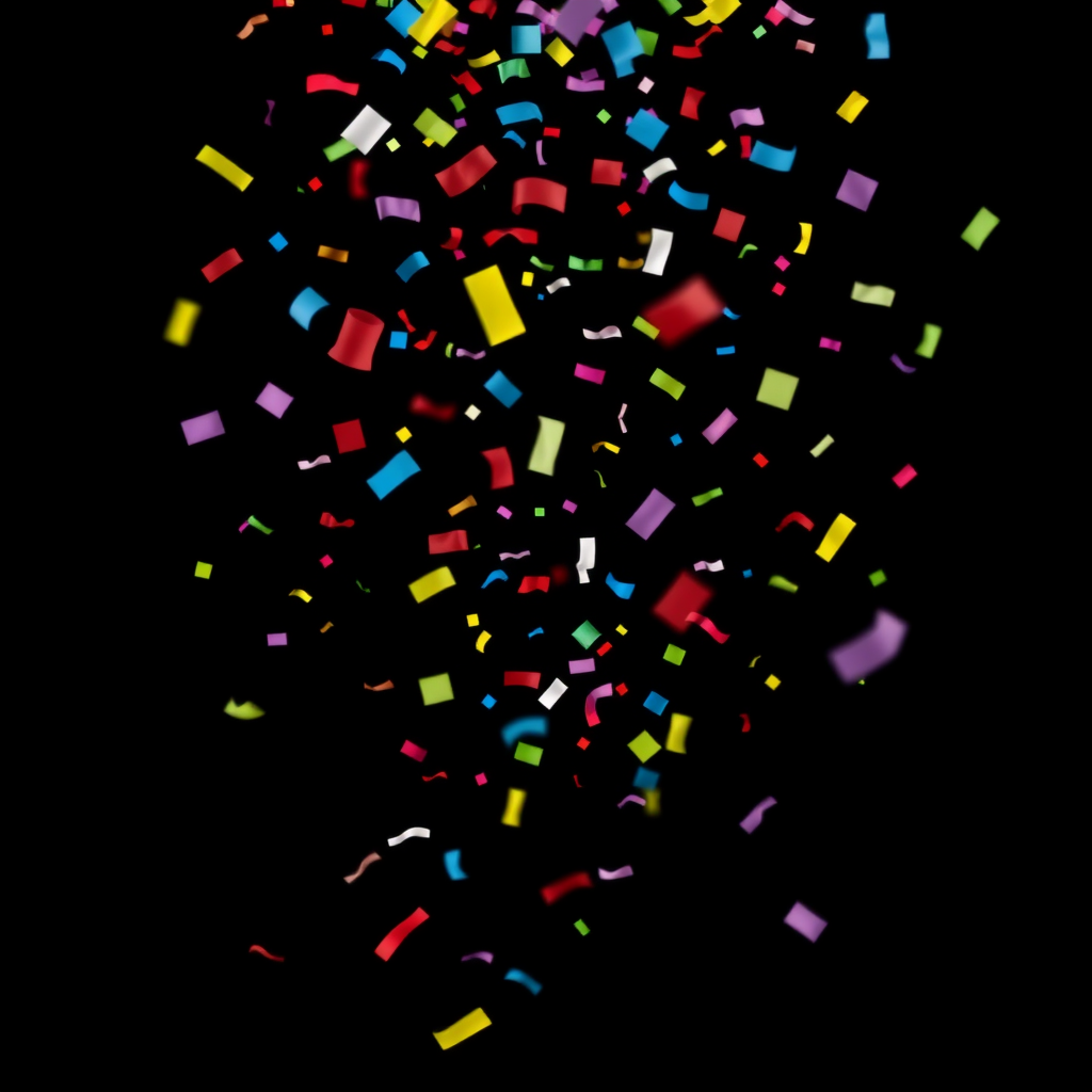 A high-resolution, dynamic image depicting colorful confetti pieces falling through the air against a plain black or dark background. The confetti should be shown in various stages of descent, creating a sense of motion and liveliness. The confetti should include a variety of shapes, sizes, and bright colors such as red, blue, yellow, green, and purple. The overall composition should have a celebratory, festive feel suitable for use as a stock photo or graphic element.