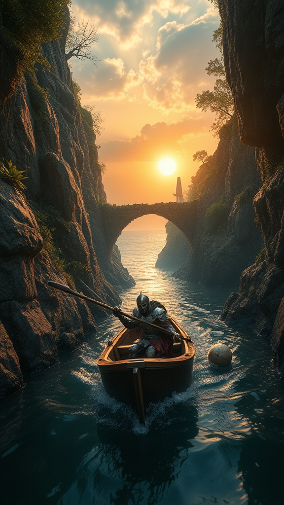 an epic cinematic low camera angle of a wounded knight in a small wooden boat navigating a precarious river with imposing cliffs with embedded ruins and interesting rock formations and rock overhangs and bridges, overgrown with nature embedded ruins, hanging vines foliage, trees, and sporadic dead skeletons and armor from dead warriors the cliffs reveal background the ocean in a sunset with a big sun and dramatic clouds