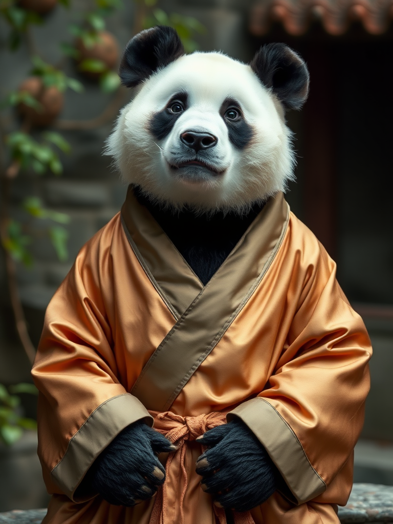 A panda bear wearing a silk robe