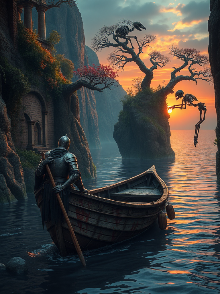 A solitary knight, his armor pockmarked and stained with crimson, leans against the bow of a small, rickety boat, shrouded in a somber light. He is surrounded by the grandeur of nature, as if he's been swallowed by its silent power. The river, a narrow waterway winding its way between towering cliffs, reflects the hues of the setting sun – a spectacle painted in shades of fiery orange and deep purple. The walls of the cliffs are a tapestry of nature's resilience, with ancient ruins crumbling and covered in vibrant foliage and vines. Skeletons of fallen warriors, their once-mighty armors now rusted and decaying, hang precariously from the branches of ancient trees, adding to the oppressive silence of the scene. The cliffs gradually open, revealing a glimpse of the vast ocean, its water a mirror of the sky ablaze with the dying light of the sun, offering both a sense of hope and isolation.