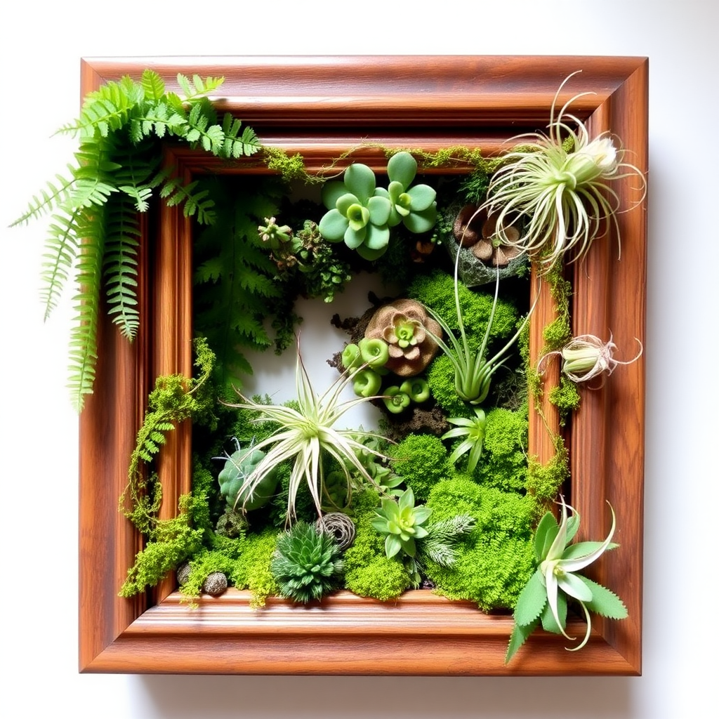 A picture frame is filled with ferns, moss, and air plants.