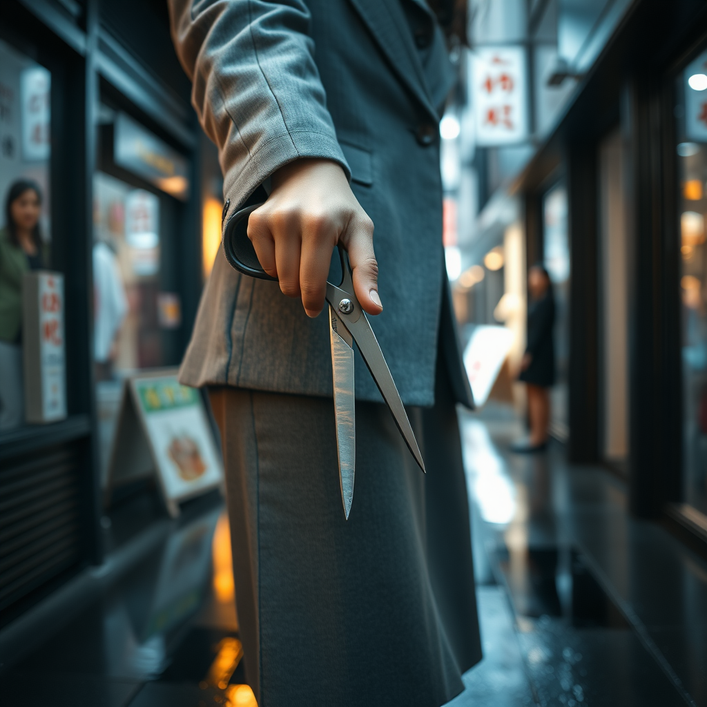 Camera focuses on the lower portion of a young Japanese businesswoman who wears a grey blazer and grey skirt. In her right hand she grips a pair of scissors like a knife pointed downwards. The scissors gleam from the lights of the shops in the surrounding alleyway. The lights of the shops are reflected in the rain puddles of the alleyway.