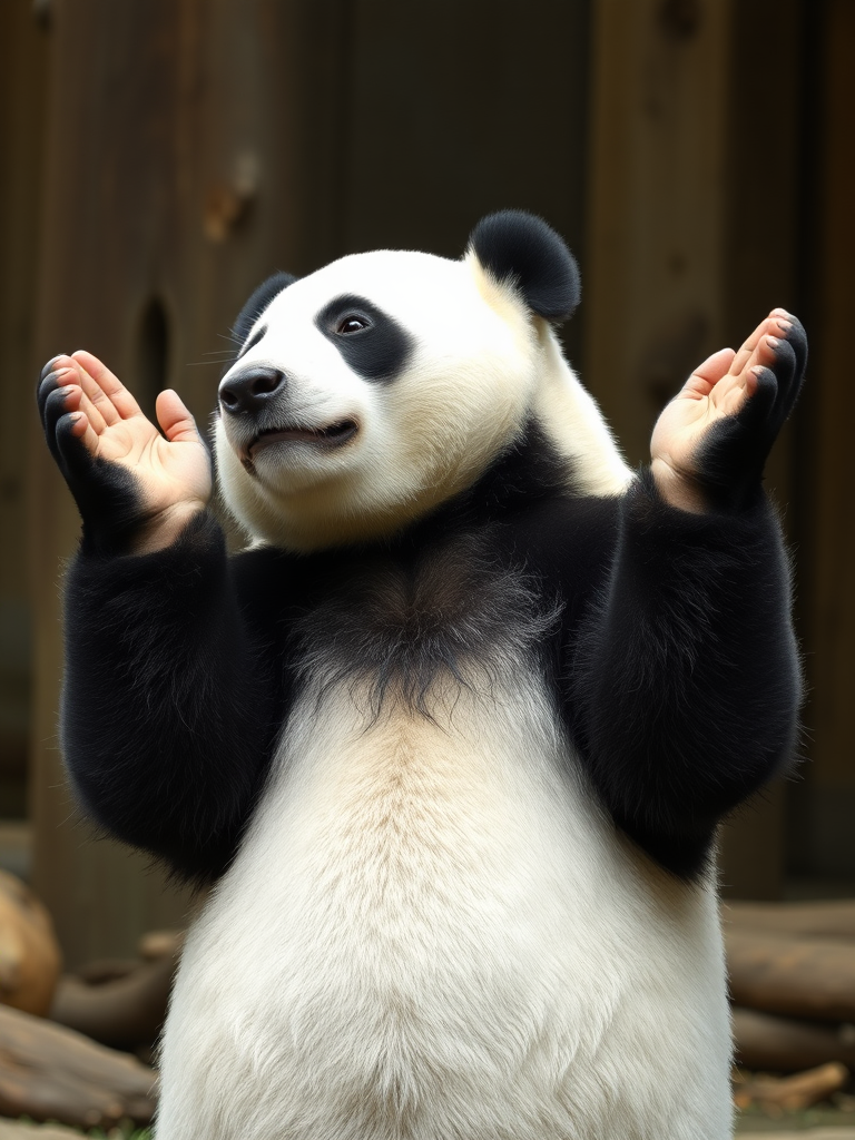 A picture of a panda bear raising his hands, shrugging. As to indicate that he does not know the answer to a question being asked him.