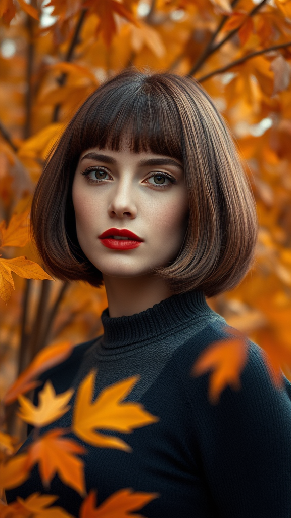 Beautiful model Anne Hathaway with a square bob haircut, surrounded by autumn foliage, in high definition.