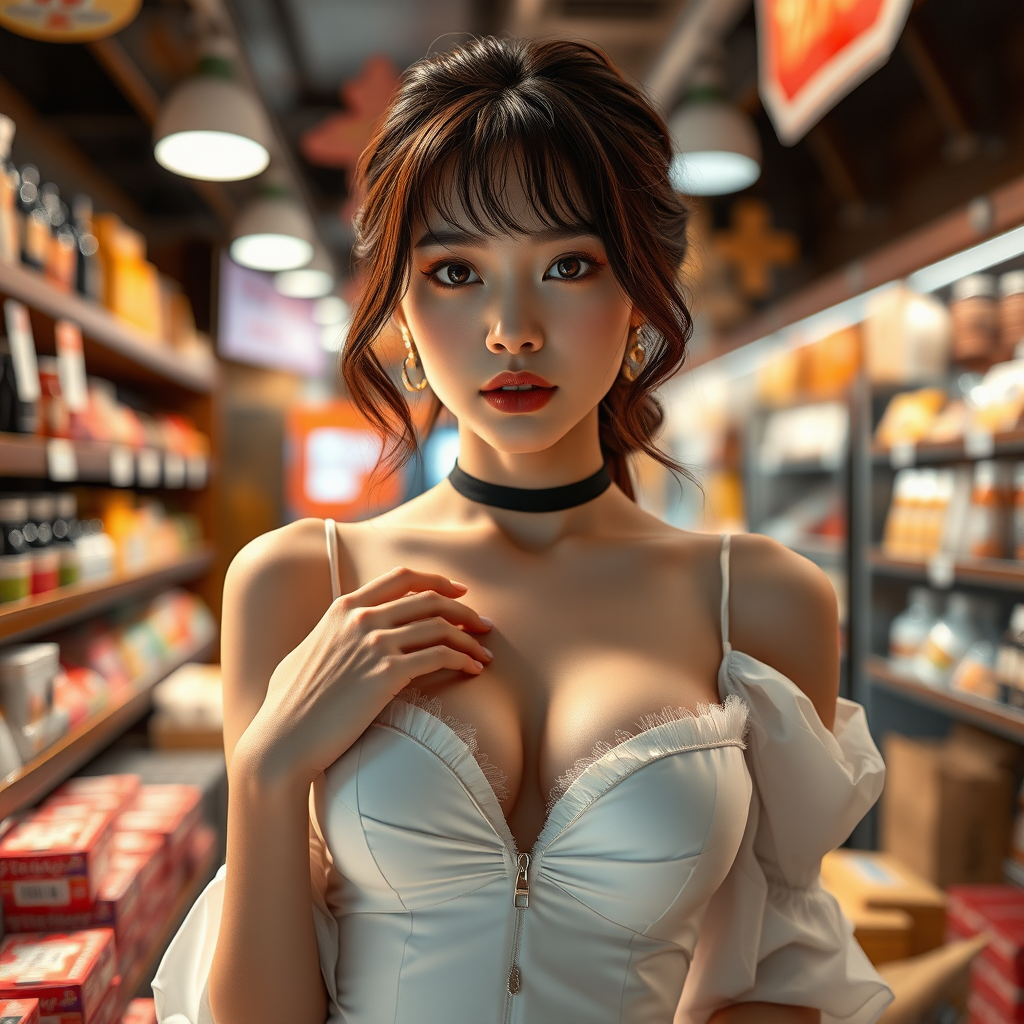 hypersensual beautiful korean model instagram woman in the shop, ((full-body)), big breast with neckline, anime manga style, instagram influencer, hot on CANON R5, 85mm lens, Photoshoot, Depth of Field, insanely detailed and intricate, hypermaximalist, elegant, hyper realistic, super detailed, dynamic pose, centered, photography, Natural Light, dynamic, highly detailed, sharp focus