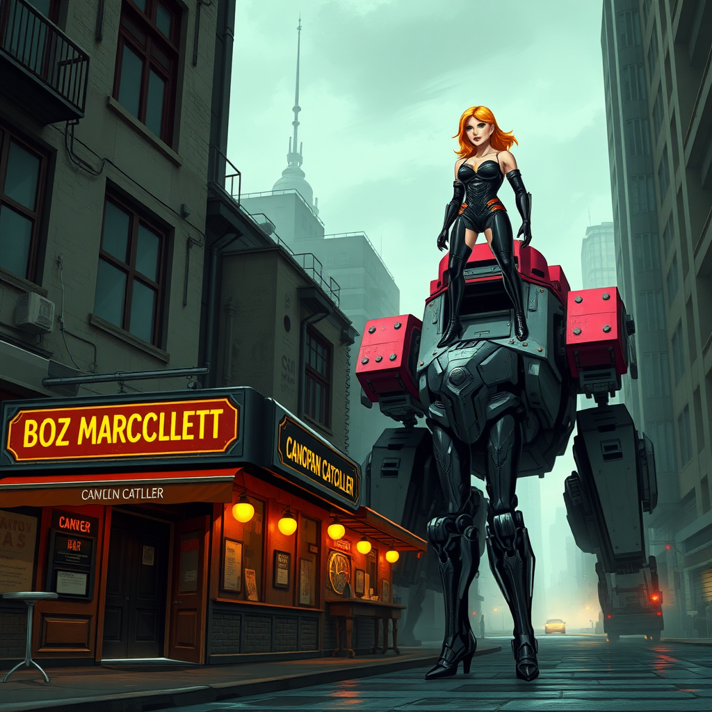 A city street, a bar with a sign that says "Canopean Catcaller". Large battlemech towering nearby with a woman standing on top. She resembles Ana de Armas, has strawberry blond hair and is wearing a formfitting modern armor.