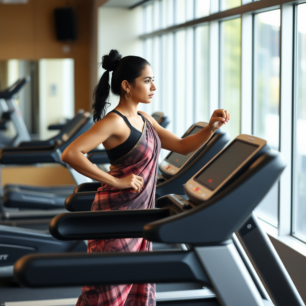 Indian wife, working out on Treadmill in gym