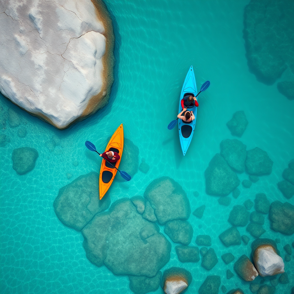 An aerial photo of two kayakers paddling through crystal-clear turquoise waters. The kayakers are in an orange kayak and a blue kayak and are surrounded by large, smooth, white-grey rocks. The water is shallow and the bottom is visible, revealing a sandy bottom with scattered rocks. The scene is tranquil and serene, showcasing the beauty of nature. Hyper-realistic, intricate, elaborate, drone photography, 8K, UHD, HDR.