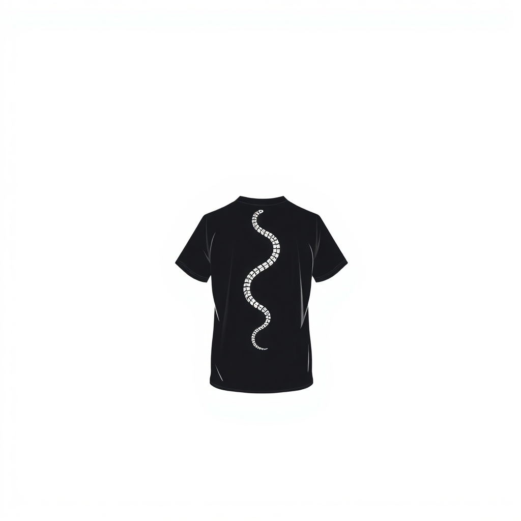 t-shirt mockup with white background black t-shirt color minimal small snake vector around the neckline of t-shirt design on the t-shirt showcasing back and front of t-shirt cloth should be 240gsm no person should wear this t-shirt just mockup