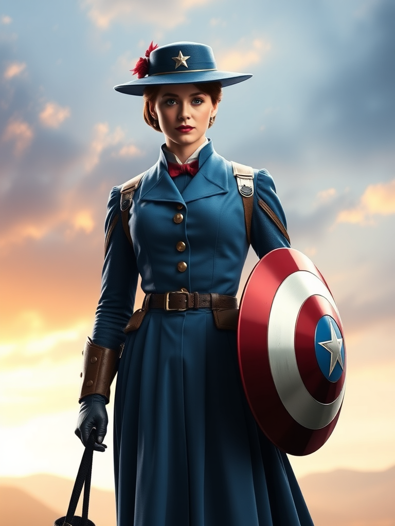 Create a full-length rendered image of Mary Poppins, using Steve Rogers' male figure for the body. Retain Mary Poppins' head, hairstyle, and facial features. Incorporate her iconic costume while adding embellishments inspired by Captain America's uniform. Adjust the costume to fit Steve Rogers' proportions. Design a background that harmoniously combines elements from both characters, emphasizing their unique worlds and styles. Ensure the image captures the whimsical charm of Mary Poppins alongside the heroic essence of Steve Rogers, merging their characteristics into a cohesive and striking new portrayal.