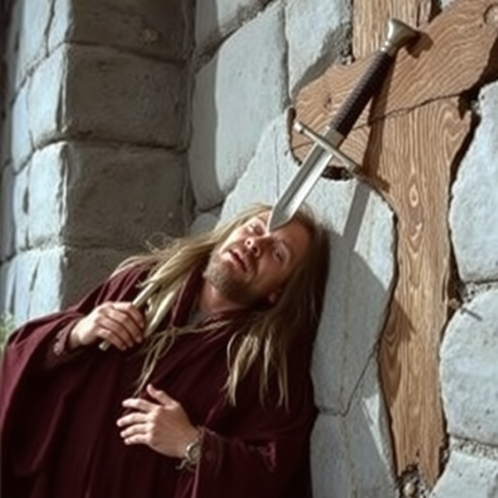 highly detailed realistic 35mm fantasy movie still photograph from 1981 of A human wizard, impaled against a wall. The killing sword, still thrust through the body, is lodged in the wall, which has a large section of wood at this point.