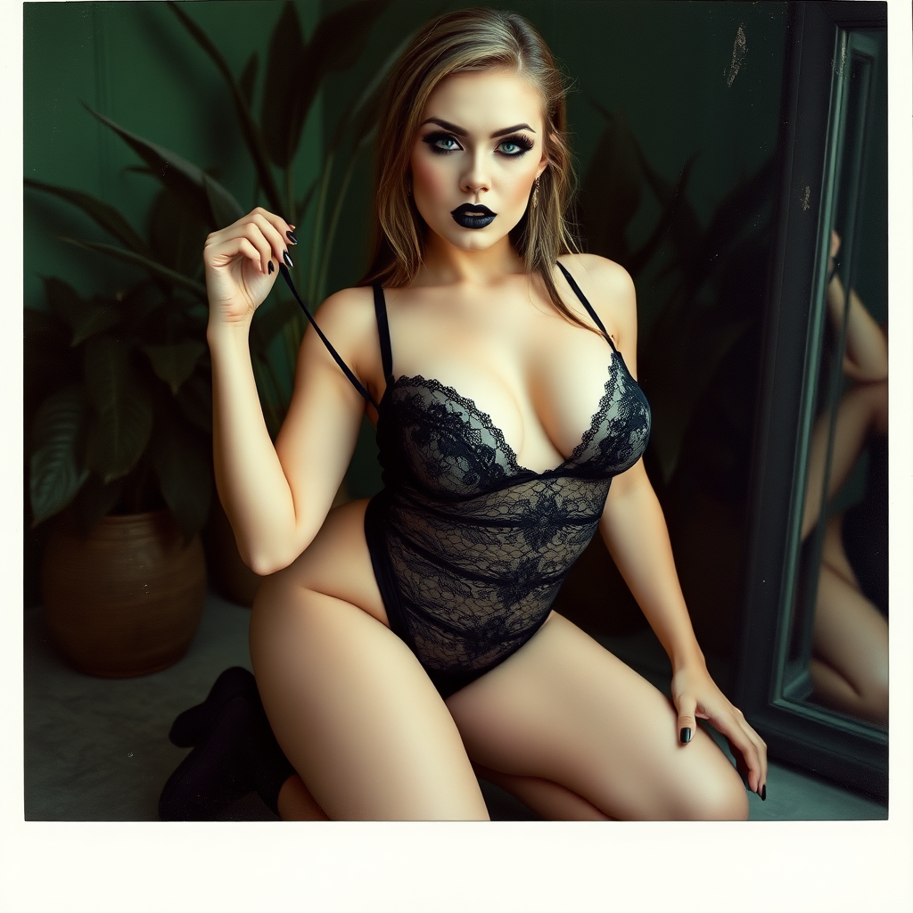 An old polaroid photo with a color tint to the photograph and visible light leaks. The photo depicts a sexy girl with pale skin. Her booty is plump. She is gothic and wears seductive makeup with long eyelashes and black lipstick. Her mascara is running as though she has been crying. She has large breasts with ample cleavage. She is wearing a skimpy thong that leaves a gap between her pubic area and thigh. The fabric of her thong is black lace. Her bra is translucent and mesh. She is in a photography studio with textured green walls and plants are all around behind her. Her skin has a natural texture with visible pores and imperfections. Her expression is pouting. Her nails are painted black. She is pulling her thong by the edge. She has a thigh gap. She is on her knees kneeling above a large mirror with her legs parted looking at the viewer.