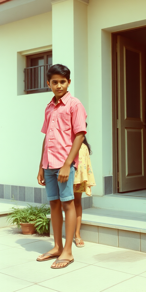 A vintage photo, 1980s. Hot summer. India. A tall 14yo teen boy and girl. Long legs, bare thighs. Full length view.