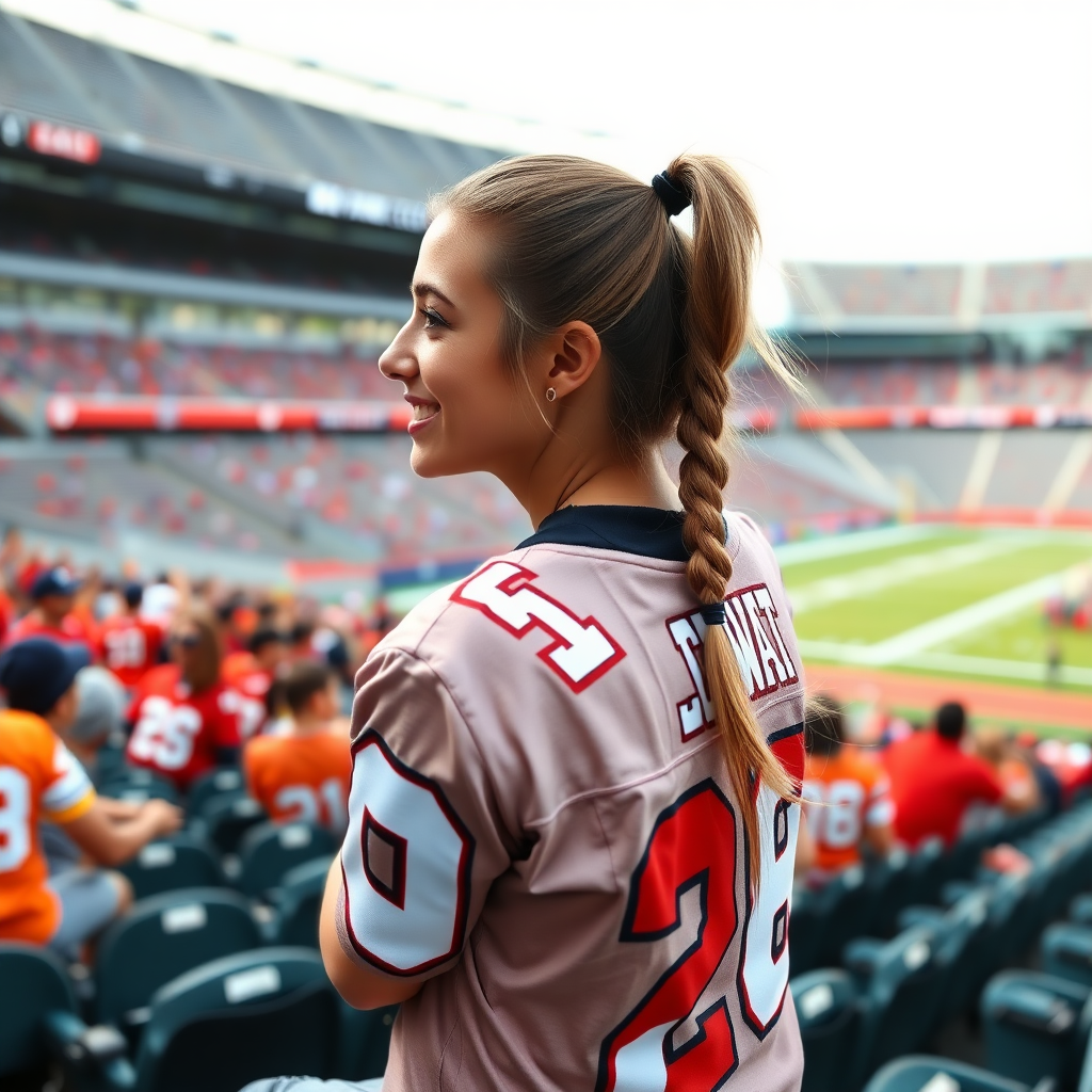 Attractive female NFL fangirl, pigtail hair, jersey, stadium bleacher row, cheering