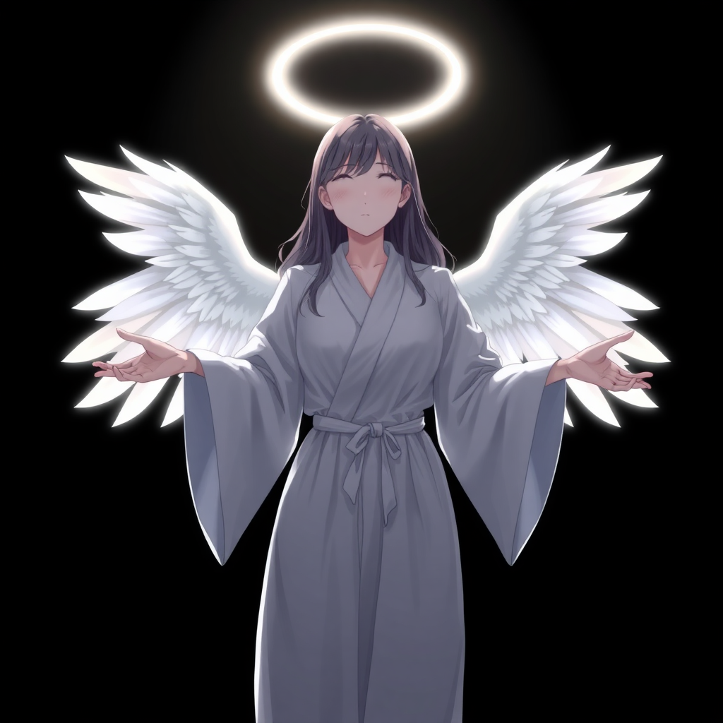 (Anime Style-art) Black background, a female attractive faceless women covered in light, 2 angel wings, glowing-white robes, hands out, floating mid-air