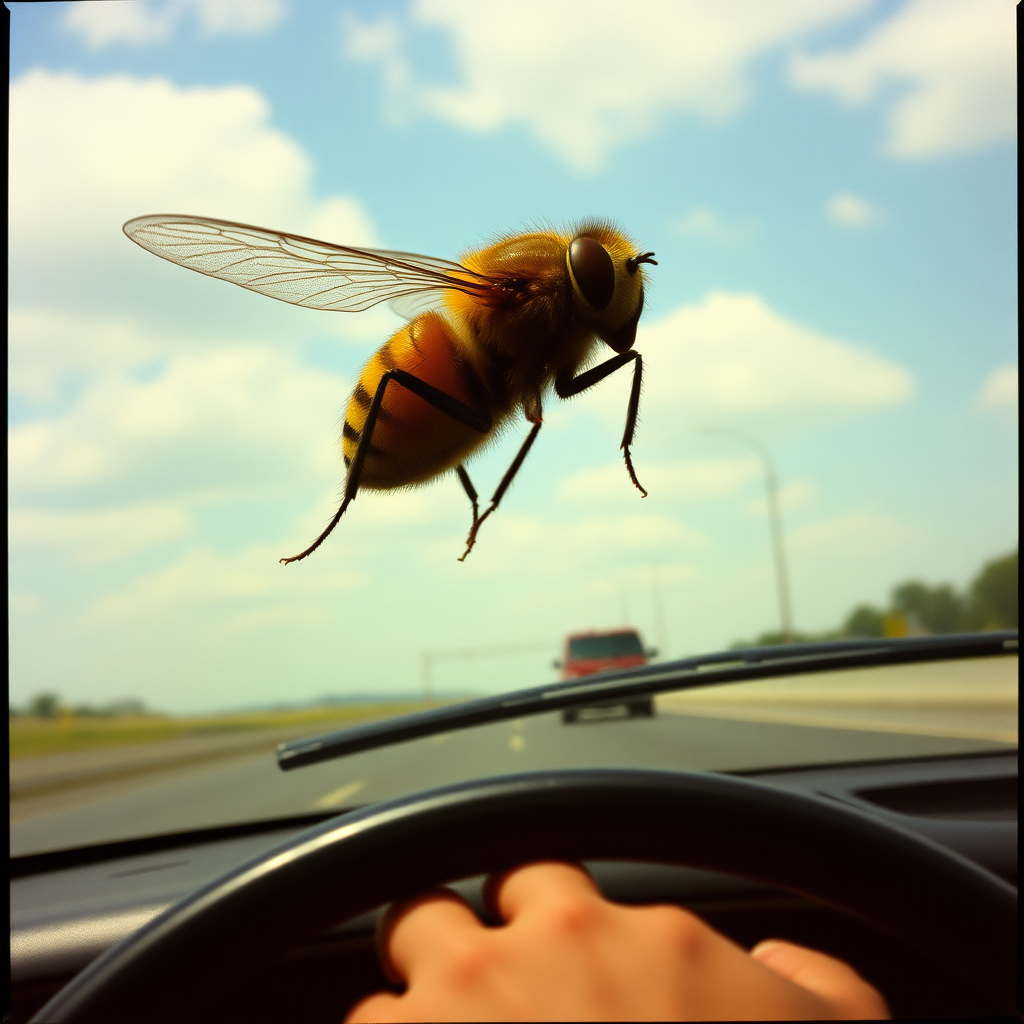 Highly detailed Kodachrome color real surrealist photograph from 1974 of And I'm hovering like a fly  
Waiting for the windshield on the freeway