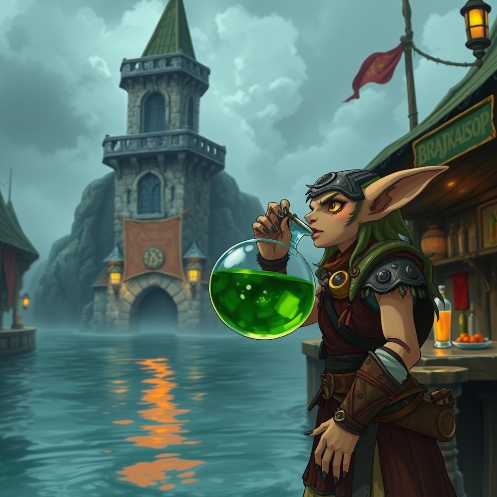 A wide distance shot of a female kobold warrior drinking a large potion from a round flask. dungeons and dragons port called waterdeep. mage tower in the background. bar with an advertisement for a drink called "Brajkaisop". anime style, record of lodoss war.