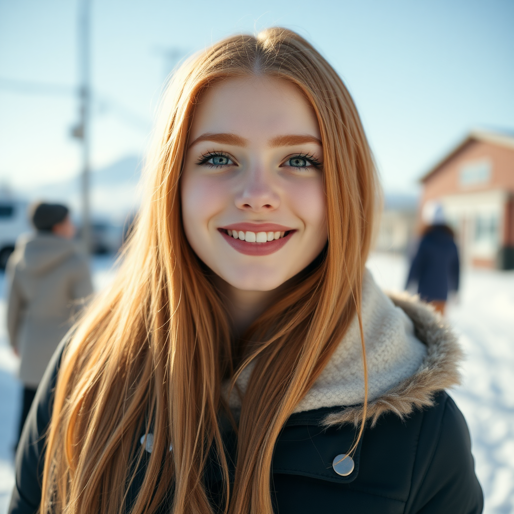 beautiful happy young woman with ginger cherry blonde long hair, full lips, perfect eyebrows, pale skin, on Alaska during winter in Anchorage on sunny snow day