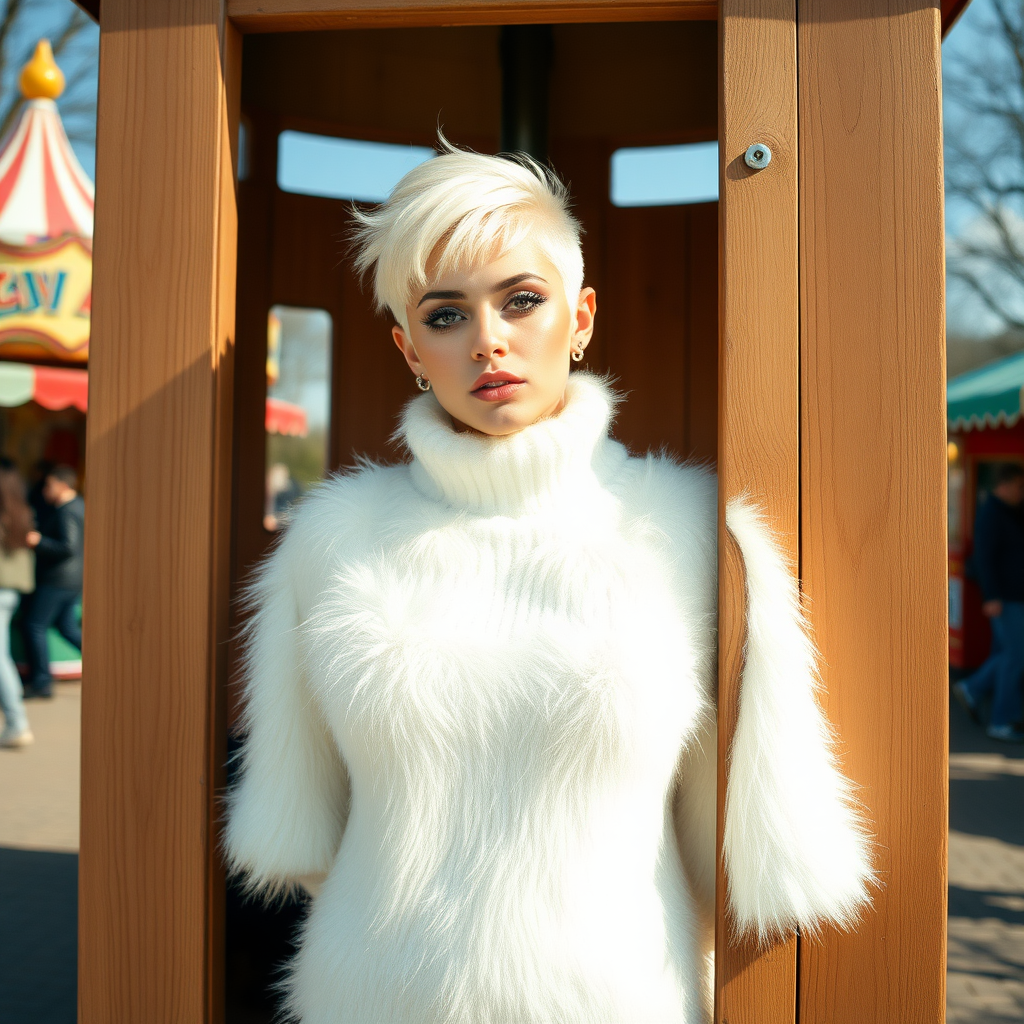 Amusement park wooden “kissing booth,” sunny spring Sunday morning. Sam, 19 years old beautiful involuntary femboy, rebellious intractable character, petite boyish figure, platinum blond boyish rebel punk hairstyle, flawless heavily made-up face with sharp arched tattooed eyebrows, wearing Supertanya-style fluffy very fuzzy bright white angora thigh-length turtleneck-poncho fully covering body and arms, silver-glitter leggings, black leather high-heeled pumps, silver earrings, both hands tied to pole behind back, standing inside kissing booth, waiting for next customer to kiss. Focus on Sam’s face and turtleneck-poncho.