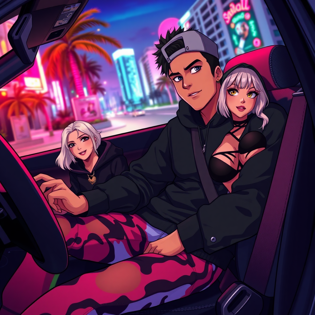 A high-quality anime art scene features Lucia, a 19-year-old Latina with a tough, street-smart vibe, confidently driving through the vibrant streets of Miami. Dressed in a black hoodie and tight, colorful pants, she exudes a bold, rebellious energy. In the passenger seat beside her is a handsome Latino guy, casually rocking a sideways cap, his laid-back demeanor perfectly in sync with the electric atmosphere of the city. In the back seat, a white blondish girl lounges, wearing a Bape hoodie over a black micro bikini and G-string. The neon-lit skyline and swaying palm trees blur by as they cruise through the night.