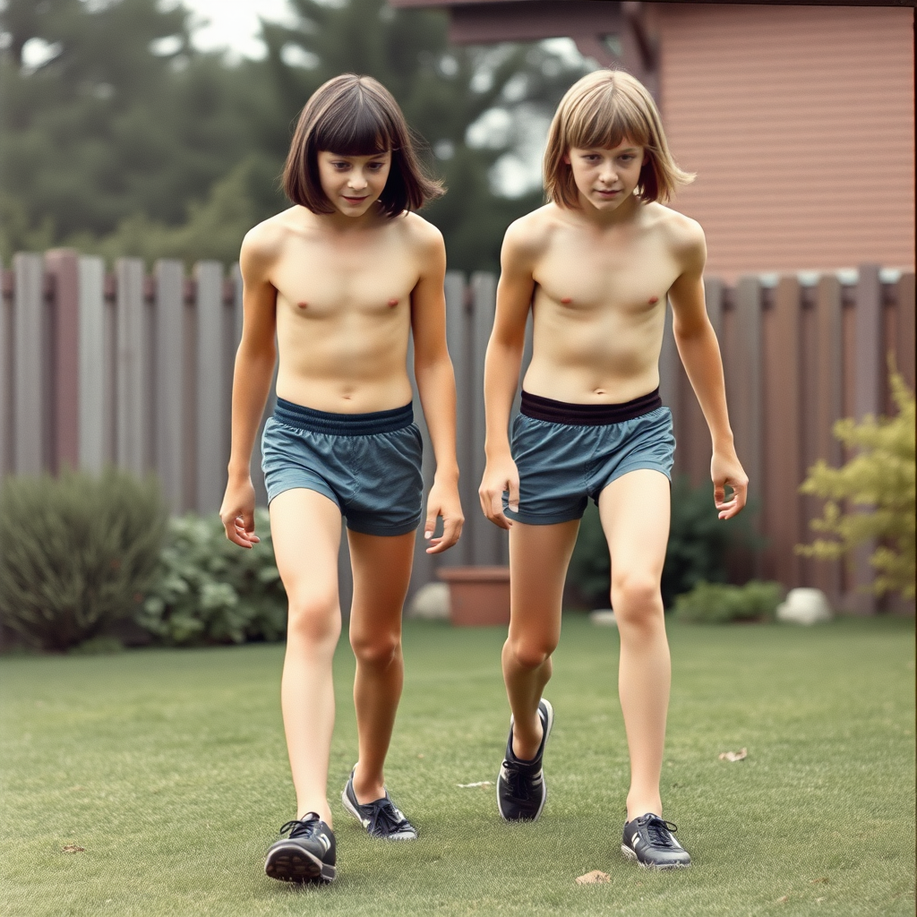 two tall 14yo teen boys, long hair bob cut, wearing very tight running shorts, long legs, narrow thighs, full-length front view. 1970s. Playing at backyard. photorealistic, ultra high resolution, 16K, Negative: grainy, blurry, bad anatomy, extra limbs, watermark.