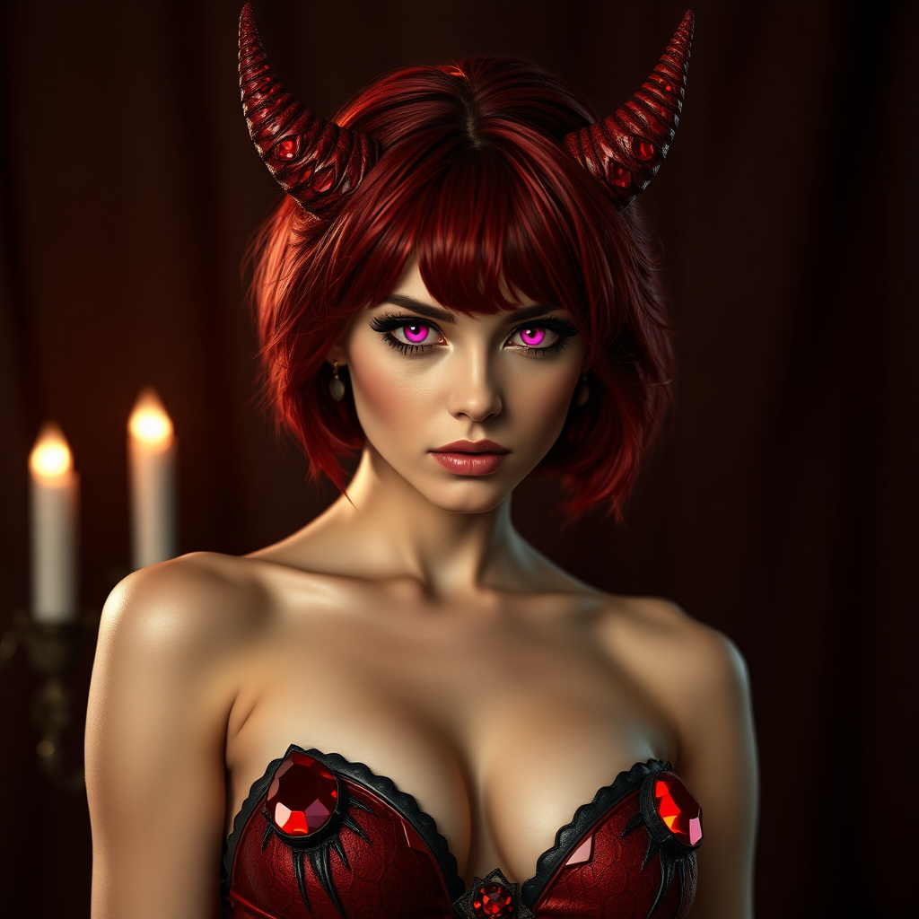 Sexy hot seductive women, perfect body, she has short-red hair, 2 demon horns, pink glowing eyes, she is naked and wearing 2 red-gem tit coverings,