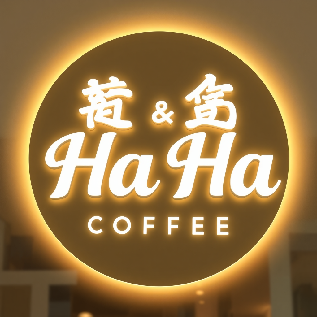 Logo, coffee shop, Ha Ha coffee, font design, modern, extremely minimalist, no shadows, clear, vector, three-dimensional, signboard, outer glow, realistic, scene display.