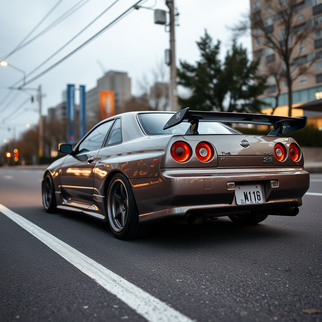 The car is parked on the side of the road, inspired by Taiyō Matsumoto, tumblr, restomod, nd4, c4 metallic shine nissan skyline r34 kalabalik tokyo gece arkaplan